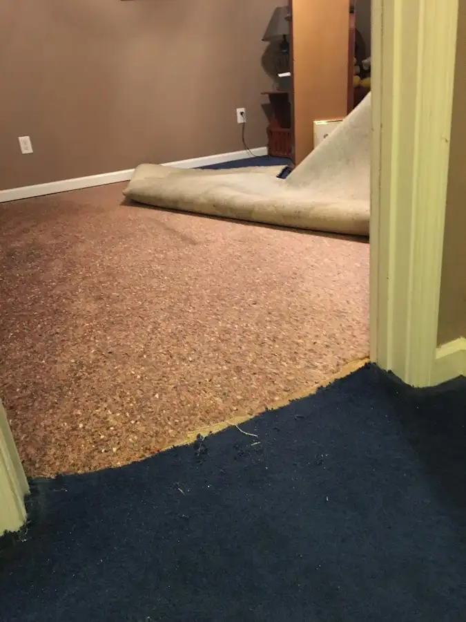 Carpet pad removal revealing water damage during Water Mitigation Services in Cave Springs